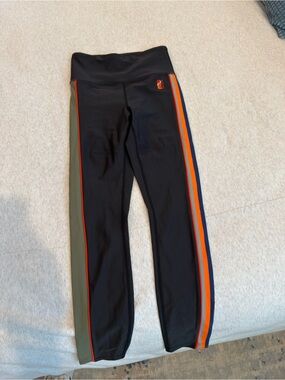 Women’s Black Leggings with Olive Panel and Orange & Blue Stripes